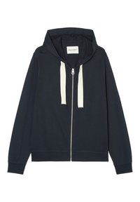 Felpa zip-up navy in morbido tessuto, con cappuccio foderato, lacci bianchi e polsini e orlo a costine. Design semplice e funzionale.