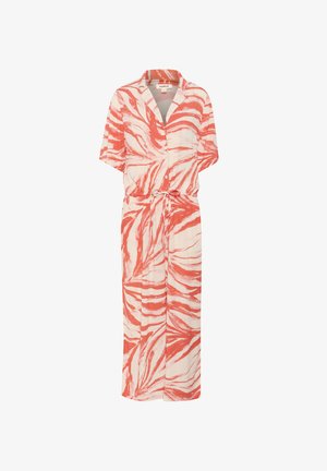 Punane ja valge mustriga hüppemüts, millel on kaelus, lühikesed varrukad ja nööriga vöökoht. Kangas tundub kerge ja voolava disainiga.