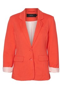 Koraalrode blazer met een enkele knoopsluiting, twee voorzakken en opgerolde mouwboorden. Voorzien van een geplooide binnenvoering voor extra textuur.