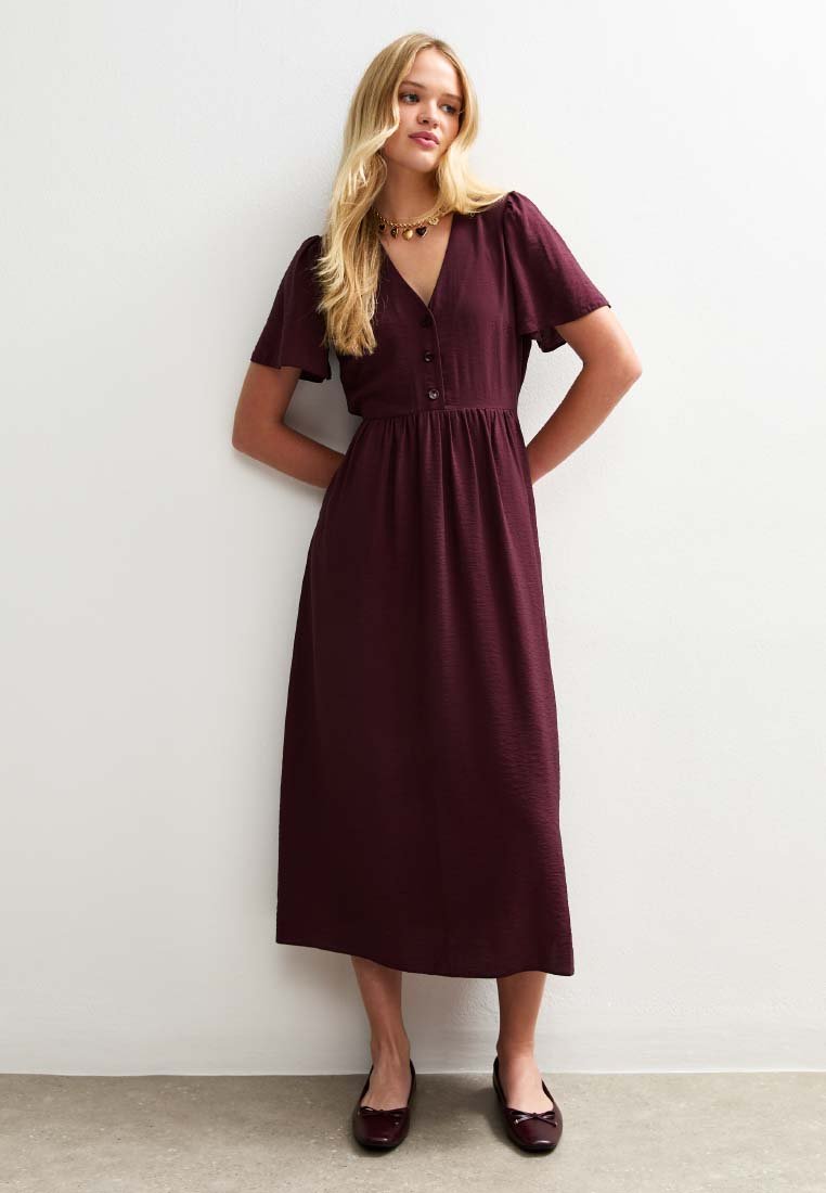 new look burgundy dress FLUTTER SLEEVE BUTTON FRONT MIDI - Day - burgundy/red COLOR:TROPICAL OMBRE Its perfect for a plp-50089 Nomad Low Back Maxi