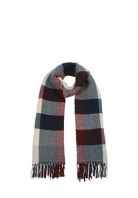 Multicolored plaid scarf with fringed edges in gray, navy, burgundy, and cream. Soft texture with varying patterns and ribbed sections.