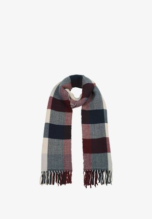 Multicolored plaid scarf with fringed edges in gray, navy, burgundy, and cream. Soft texture with varying patterns and ribbed sections.