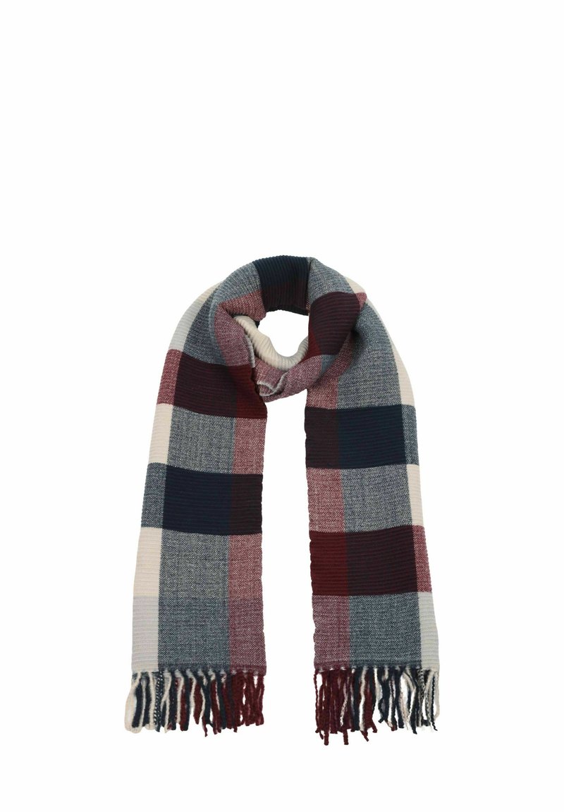 Multicolored plaid scarf with fringed edges in gray, navy, burgundy, and cream. Soft texture with varying patterns and ribbed sections.