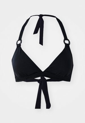 Crni bikini gornji dio s trokutastim dizajnom, vezanjem oko vrata i okruglim detaljima od hardvera. Glatka tkanina s teksturiranim završetkom.