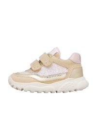 Sneaker beige e rosa per bambini, con pannello glitterato, due fasce in velcro e suola bianca spessa e testurizzata.
