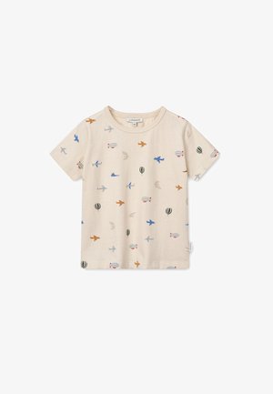 Beige børne-T-shirt med korte ærmer, med mønster af små flyvemaskiner, varmluftsballoner og luftskibe i blå, orange og sort.