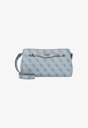 Borsa a tracolla di colore azzurro chiaro con motivo del logo in rilievo, hardware in argento, chiusura con zip e tracolla regolabile. Texture del tessuto liscia.