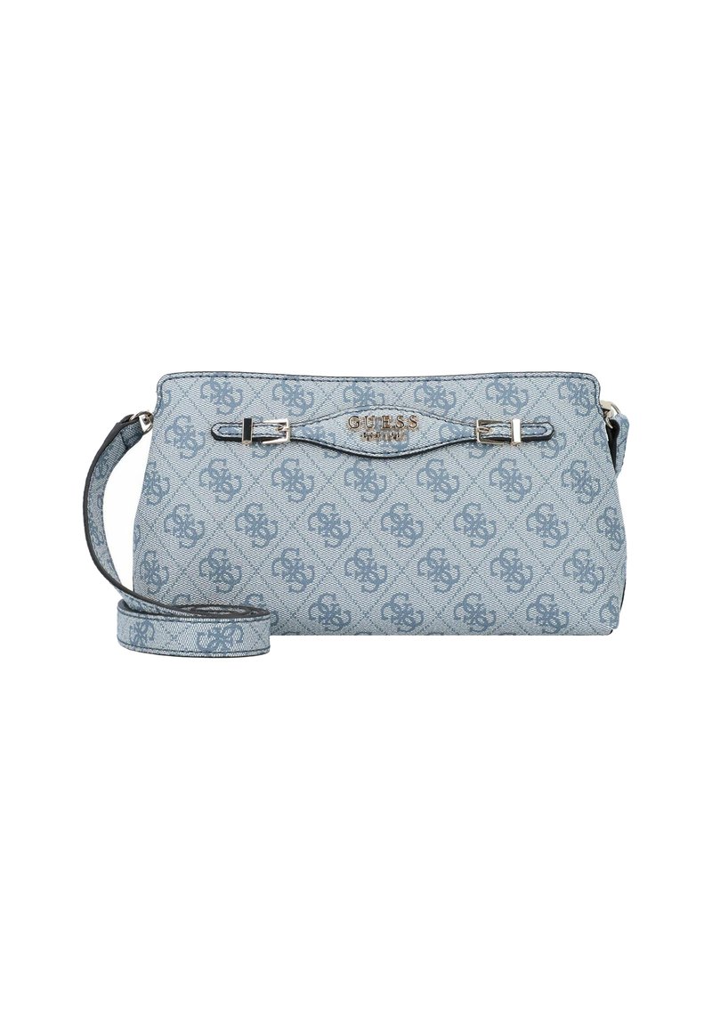 Borsa a tracolla di colore azzurro chiaro con motivo del logo in rilievo, hardware in argento, chiusura con zip e tracolla regolabile. Texture del tessuto liscia.