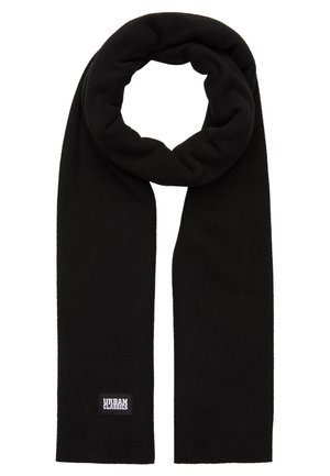 Zwarte zachte fleece sjaal opgevouwen in een lus met Urban Classics merklabel aan één kant tegen een witte achtergrond.