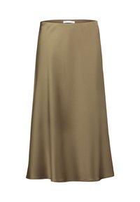 Ein midilanger Satinsrock in Olivgrün, mit glatter Textur und einfacher A-Linien-Form. Keine sichtbaren Verzierungen oder Muster.