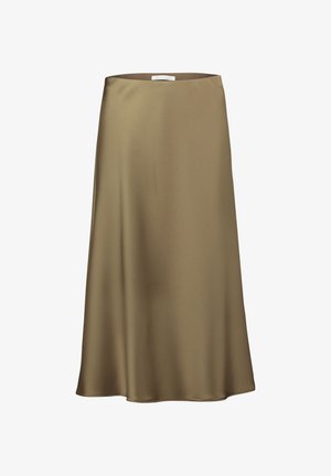 Ein midilanger Satinsrock in Olivgrün, mit glatter Textur und einfacher A-Linien-Form. Keine sichtbaren Verzierungen oder Muster.