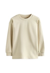 Hellbeige Sweatshirt mit langen Ärmeln, Rundhalsausschnitt und gerippten Bündchen. Hergestellt aus weichem Material mit glatter Textur und minimalistischem Design.
