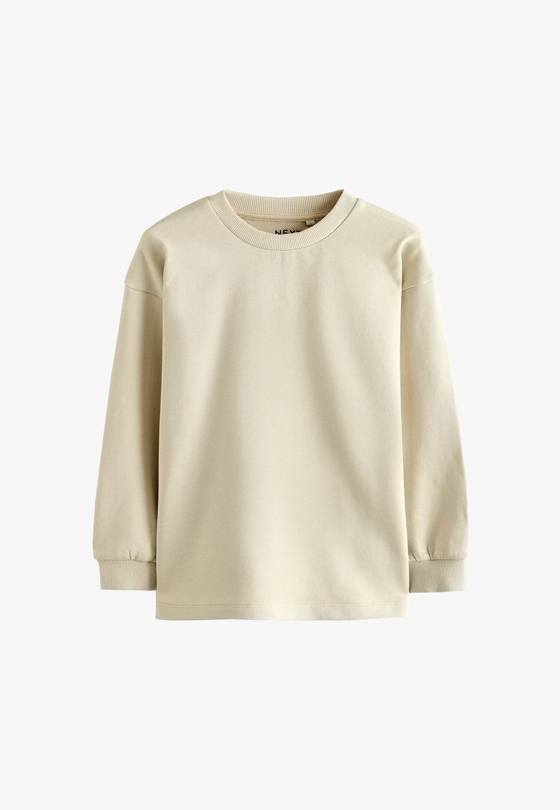 Hellbeige Sweatshirt mit langen Ärmeln, Rundhalsausschnitt und gerippten Bündchen. Hergestellt aus weichem Material mit glatter Textur und minimalistischem Design.