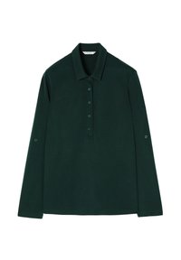 Ciemnozielona, długorękawowa koszulka polo z zapięciem na guziki, kołnierzykiem i detalem z guzikami na rękawach. Gładki, lekki materiał.