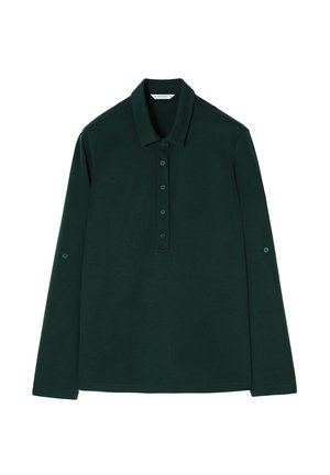 Musta vihreä pitkähihaine polo paita, jossa on napitettavissa oleva aukko, kaulus ja nappidetails hihoissa. Sujuva, kevyt kangas.