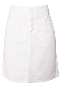 White denim mini skirt with a high waist, front button closure, and side pockets. Features a smooth texture and straight cut design.