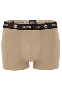 Boxer in cotone beige con fascetta nera che presenta il logo "STARK SOUL". Texture liscia e design aderente, taglia L.