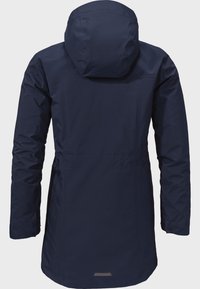 Marineblauer wasserdichter Parka mit Kapuze, der eine glatte Textur, lange Ärmel und einen dezenten reflektierenden Akzent auf der Rückseite aufweist.