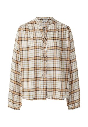 Knopfbluse aus leichtem, kariertem Stoff mit braunen, weißen und gelben Karos. Hoher Halsausschnitt mit Bindeband und langen Ärmeln.