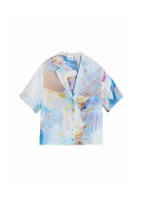 Korte mouwen shirt met een lichtblauwe en pastel abstracte print, knoopsluiting en een ontspannen fit met een notch-kraag.