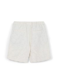 Pantaloni corti bianchi, testurizzati, con un motivo sottile, cintura elasticizzata e due tasche posteriori. Taglio casual e materiale leggero.