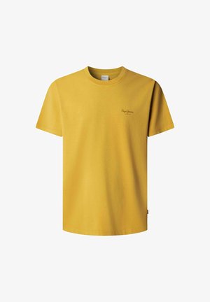 Rumena bombažna majica s kratkimi rokavi, okrogel izrez in majhno črno logotipom na levi strani prsnega koša. Preprost dizajn, brez vzorcev ali okraskov.