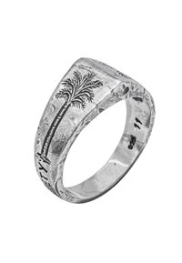 Sidabrinis žiedas su tekstūruotu paviršiumi, su išgraviruotu palmės medžio raštu. Kvadratinė forma su glotniais vidiniais kraštais, pažymėta sidabro grynumu.