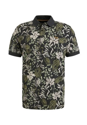 Camiseta polo negra con un patrón floral en verde y beige. Tiene un cuello, tres botones y un pequeño emblema en el pecho.