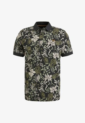 Zwart poloshirt met een bloemenpatroon in groen en beige. Het heeft een kraag, drie knopen en een klein embleem op de borst.