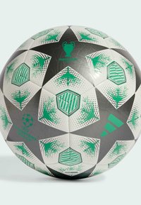 Soccer ball with a hexagonal pattern, featuring green and black details, made of synthetic material, showcasing Champions League branding.