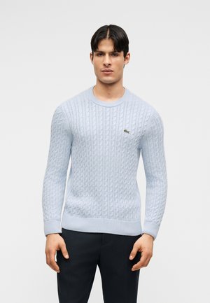 Egy férfi áll, világoskék kötött pulóvert visel, amelyen kis zöld logó található a mellkasnál, valamint fekete nadrágot, sima háttér előtt.