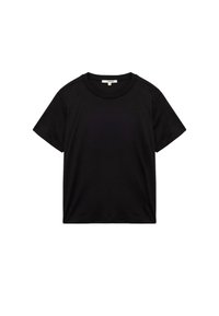 Zwart T-shirt met korte mouwen van zacht katoen. Heeft een ronde halslijn en een losse pasvorm zonder patronen of versieringen.