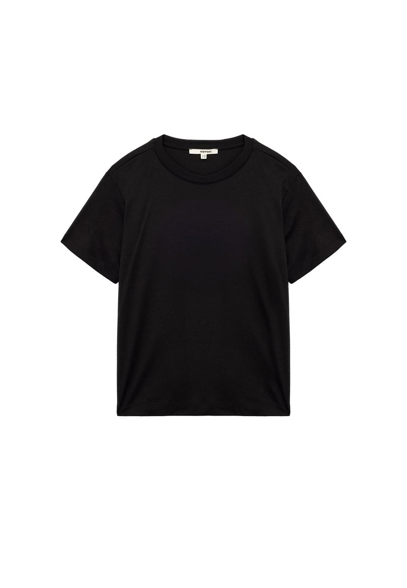 Zwart T-shirt met korte mouwen van zacht katoen. Heeft een ronde halslijn en een losse pasvorm zonder patronen of versieringen.