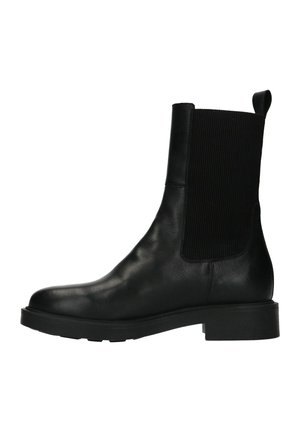 Bottines noires avec un extérieur en cuir lisse, des panneaux latéraux en élasthanne côtelés et une semelle en caoutchouc épaisse pour une meilleure adhérence et stabilité.
