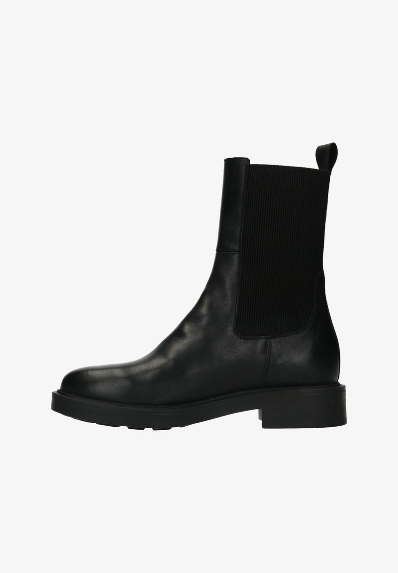 Bottines noires avec un extérieur en cuir lisse, des panneaux latéraux en élasthanne côtelés et une semelle en caoutchouc épaisse pour une meilleure adhérence et stabilité.