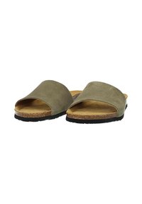 Green suede slide sandals with a cork footbed, black rubber sole, and wide open toe design for easy wear. Flat and casual style.