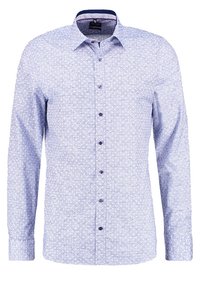 Long-sleeve button-up shirt in light blue fabric with small white floral patterns, tonal buttons, and a contrasting inner collar.