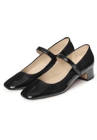 Scarpe Mary Jane in vernice nera con punta quadrata, tacco corto a blocco e una fibbia sopra il collo del piede per una vestibilità sicura.