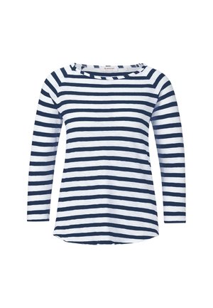 Damska koszulka z długim rękawem w granatowo-białe poziome paski z zaokrąglonym dekoltem.