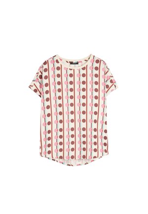 Krótki rękaw bluzki w kremowym kolorze z pionowymi paskami. Zawiera okrągłe wzory w kolorach brązowym, różowym i jasnoniebieskim, okrągły dekolt oraz zaokrąglony dół.