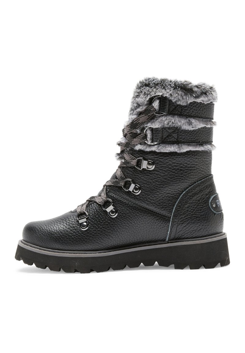 Bota de invierno de cuero negro con borde de pelo sintético gris, diseño con cordones, suela de goma gruesa y acentos de metal para un ajuste seguro.