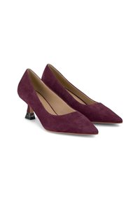 Escarpins en suède bordeaux à talons hauts avec un bout pointu et un accent distinctif de talon géométrique noir. Doublure intérieure lisse.
