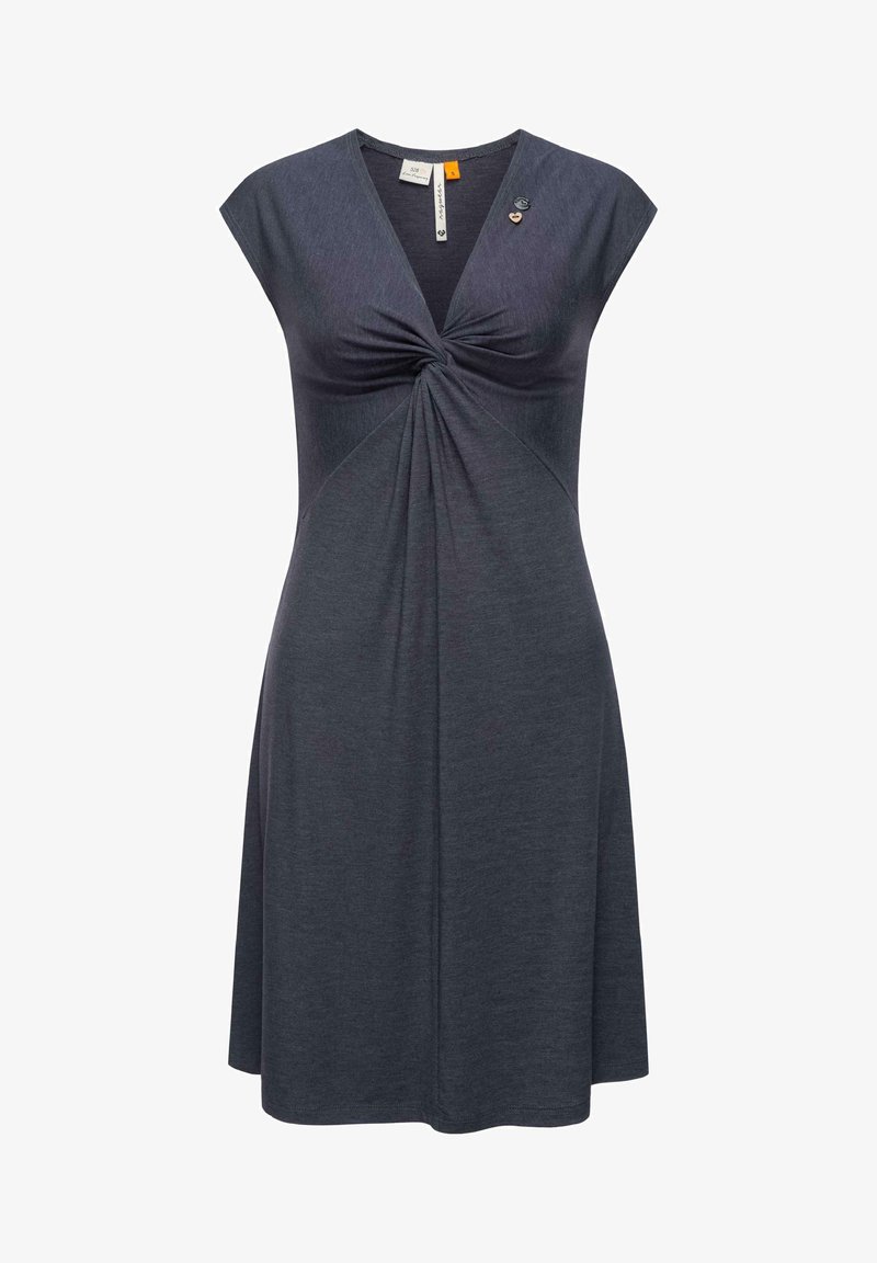 Szara sukienka do kolan z rękawami typu cap, z węzłem przy dekolcie i miękką, gładką teksturą. Posiada dwa dekoracyjne przypinki na ramieniu.