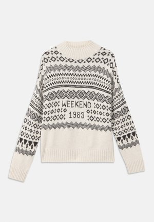 Pulover tricotat crem cu modele geometrice negre, inclusiv textul "WEEKEND 1983". Dispune de un guler și manșete ribbate. Design casual.