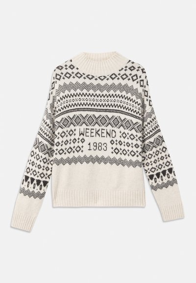 Pulover tricotat crem cu modele geometrice negre, inclusiv textul "WEEKEND 1983". Dispune de un guler și manșete ribbate. Design casual.