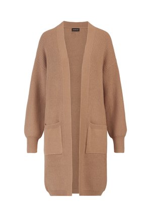 Beige gestrickte Strickjacke mit lockerer Passform, offenem Vorderteil, gerippter Textur, zwei vorderen Taschen und langen Ärmeln.