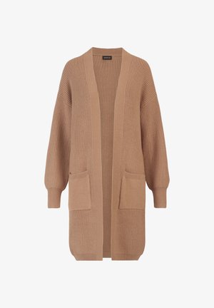 Beige gestrickte Strickjacke mit lockerer Passform, offenem Vorderteil, gerippter Textur, zwei vorderen Taschen und langen Ärmeln.