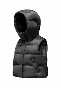 Gilet puffa nero con cappuccio, caratterizzato da un design trapuntato, chiusura con zip frontale e tasche laterali. Realizzato in un materiale lucido e leggero.