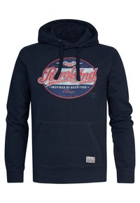 Marineblauwe hoodie van een katoenmix, met een voorzak in kangoeroestijl en een ronde grafische print in rood en wit.