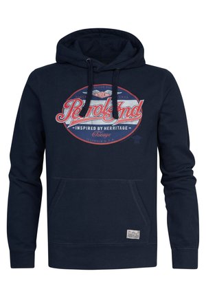 Marineblaue Kapuzenjacke aus einem Baumwoll-Mischgewebe, mit einer Brusttasche und einem runden grafischen Druck in Rot und Weiß.